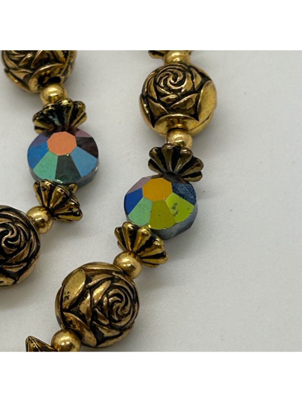 Vintage 1950s Double Strand Gold Rosette Aurora Borealis AB Crystal Bracelet - Picture 6 of 11